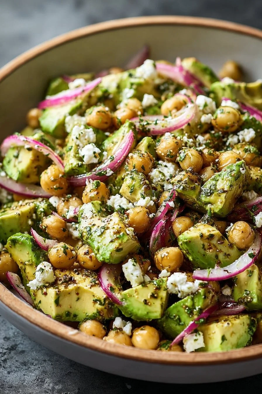 Salade de pois chiches garnie de feta et avocat