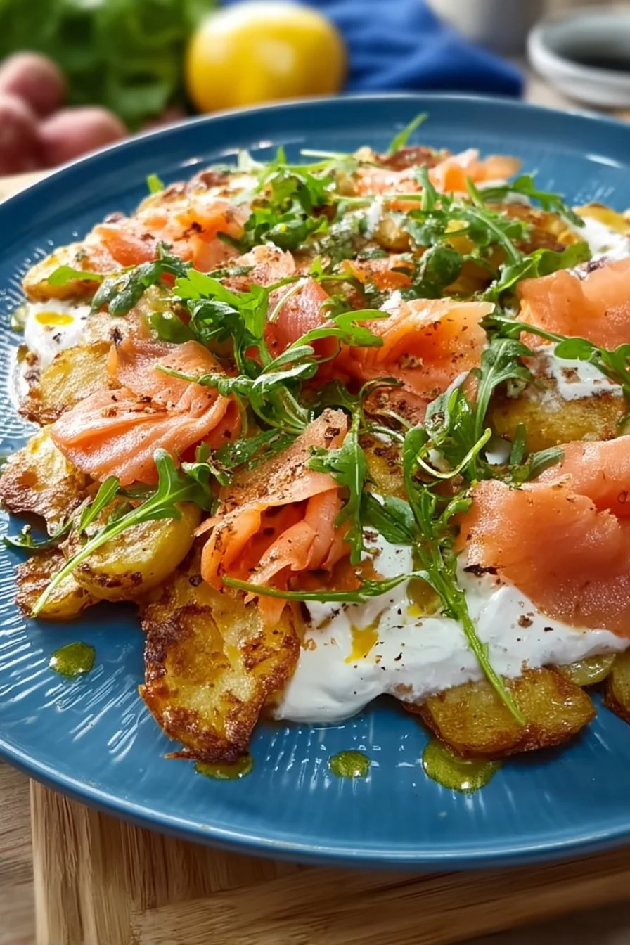 Salade de pommes de terre au saumon fumé, plat frais et savoureux.