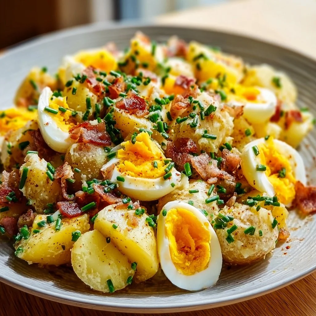Salade de pommes de terre aux lardons et œufs, plat délicieux et savoureux