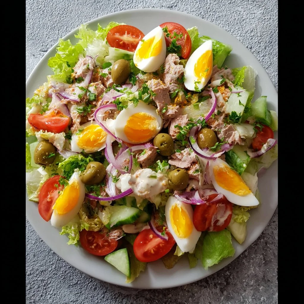 Salade de pommes de terre composée fraîche et colorée avec des légumes.