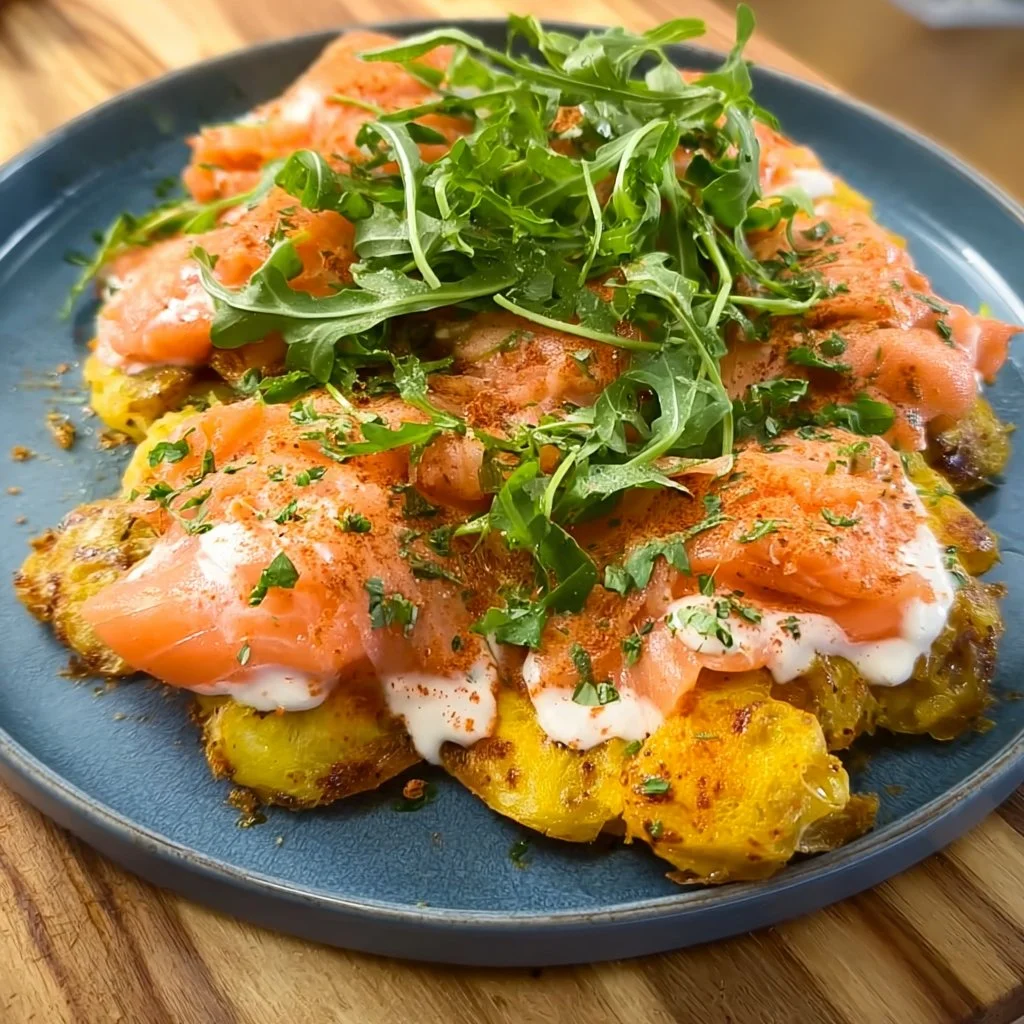 Salade de pommes de terre avec saumon fumé garnie d'herbes fraîches