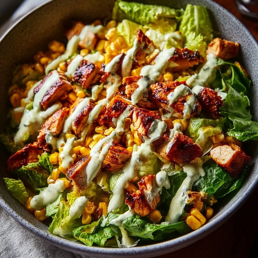 Salade de poulet BBQ garnie de légumes frais et sauce délicieuse
