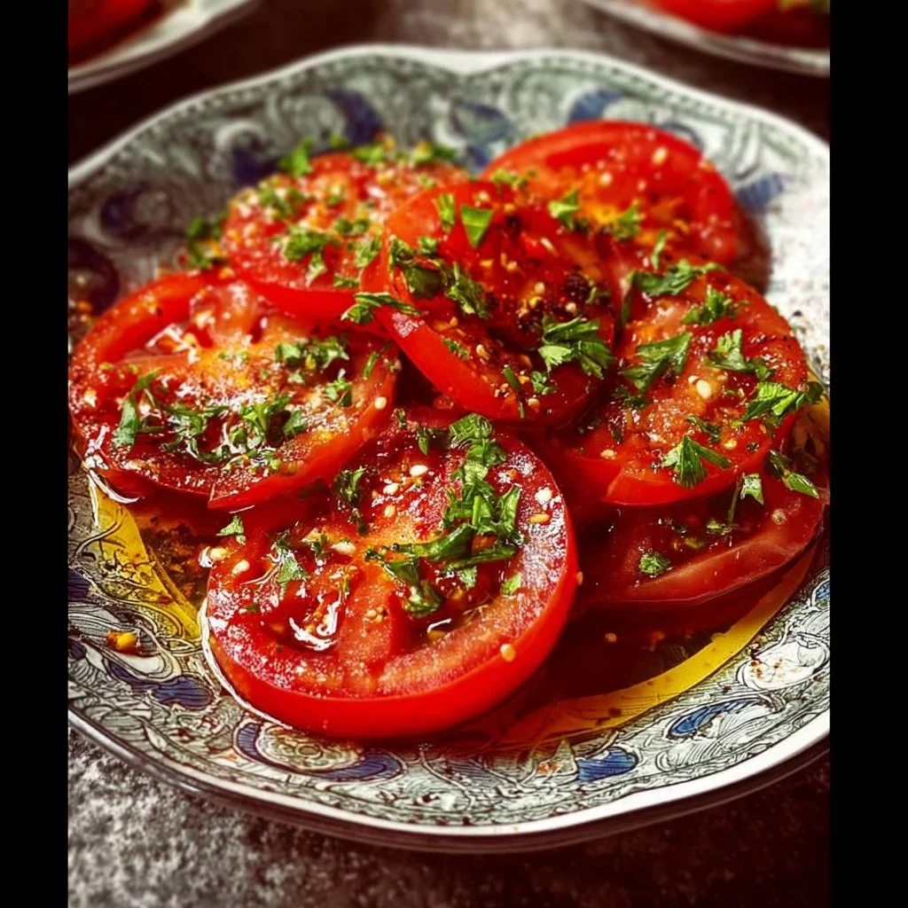Salade de tomates marinées fraîche et savoureuse, idéale pour l'été
