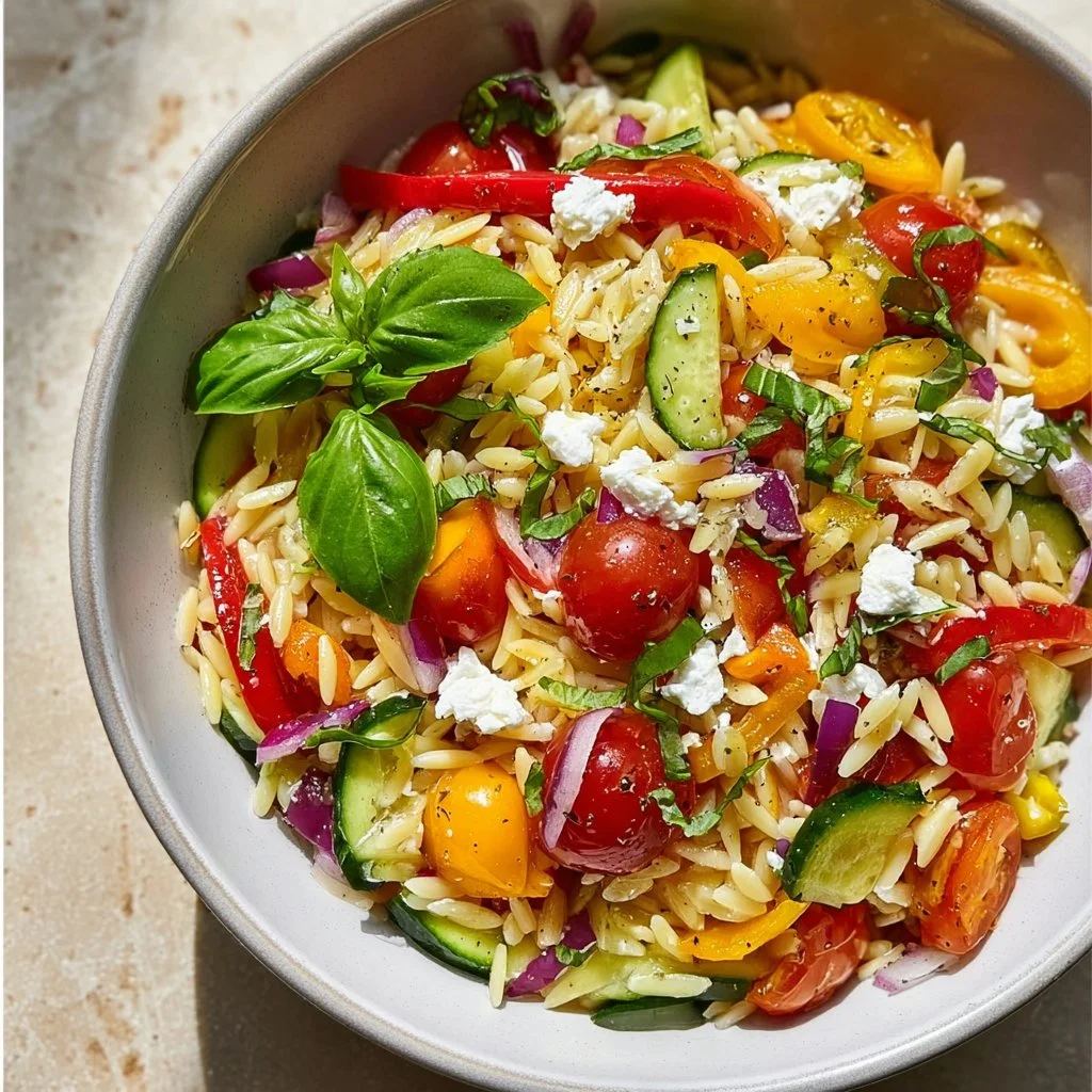 Salade d'Orzo Arc-en-Ciel avec légumes colorés et vinaigrette