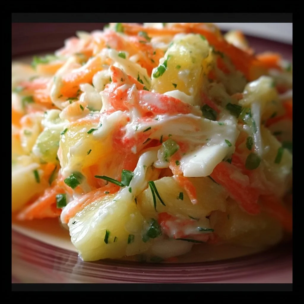 Salade froide surimi et ananas, une recette fraîche et colorée.