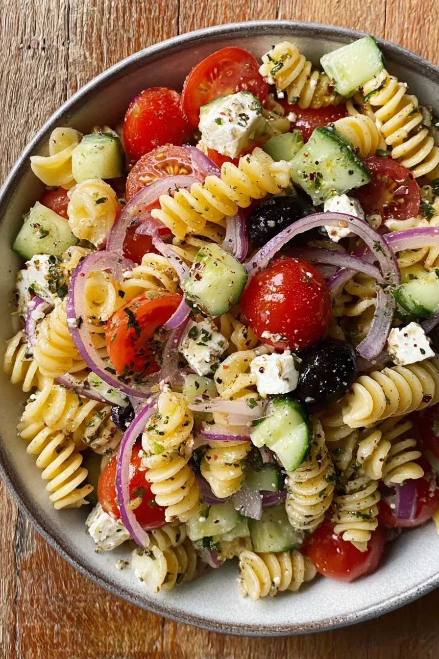 Salade grecque avec des pâtes, légumes frais et vinaigrette méditerranéenne