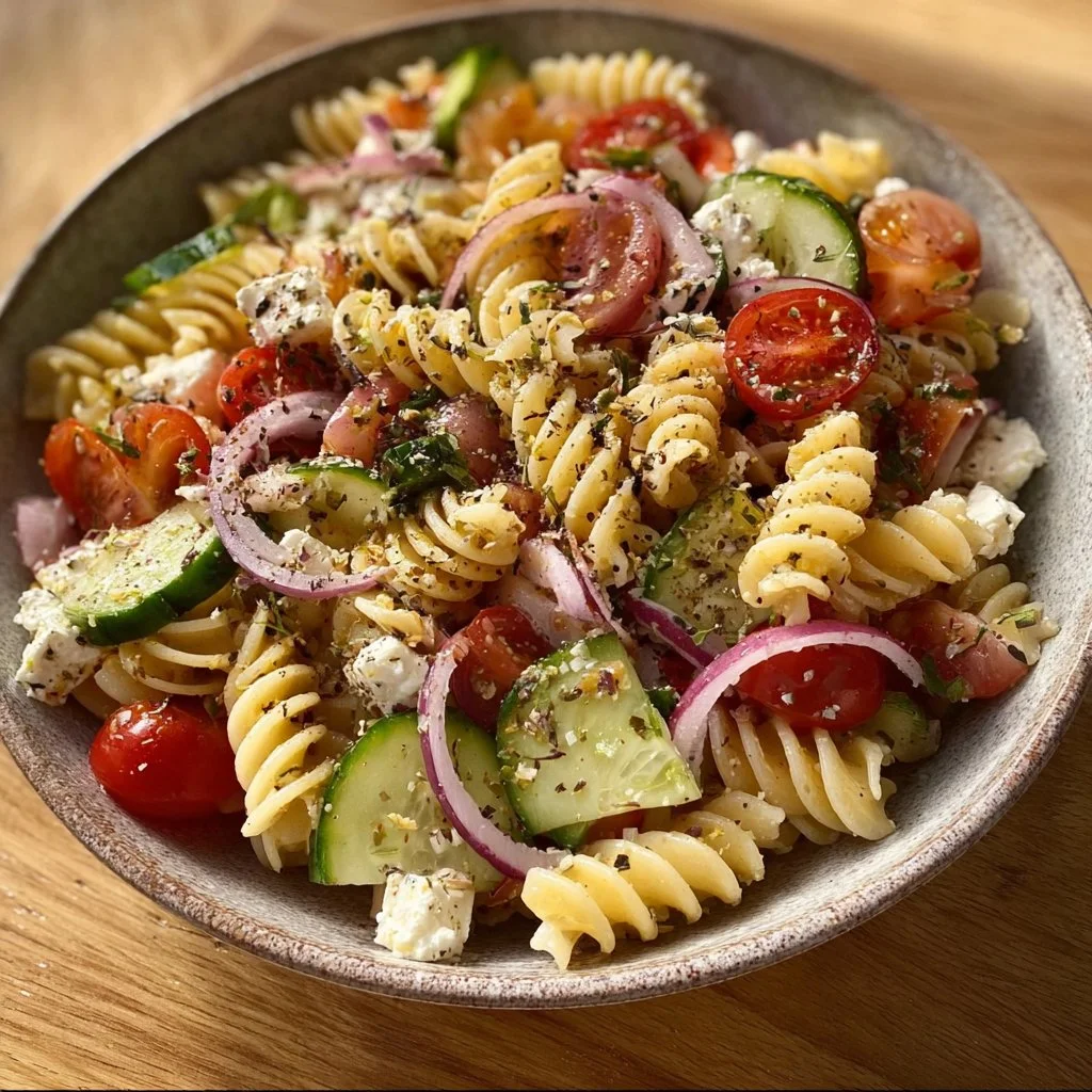 Salade grecque avec pâtes aux légumes frais et feta