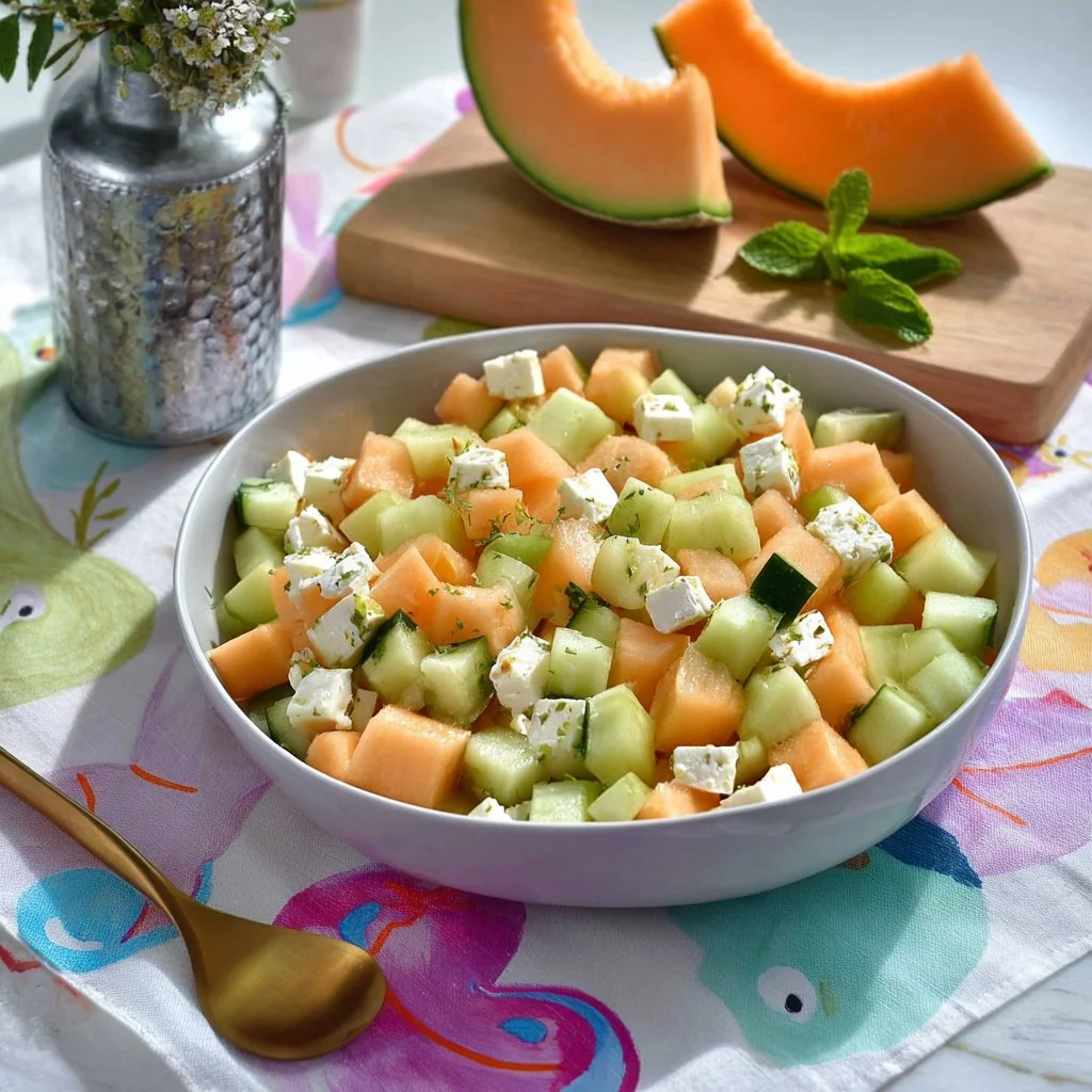 Salade colorée de melon, concombre et feta dans un bol.