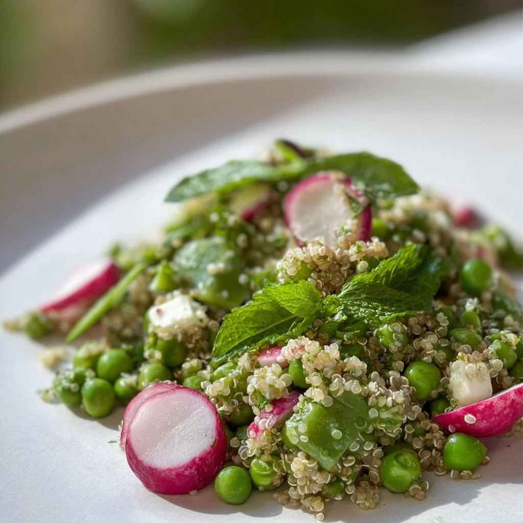 Salade petit pois, quinoa et feta, un plat frais et savoureux.