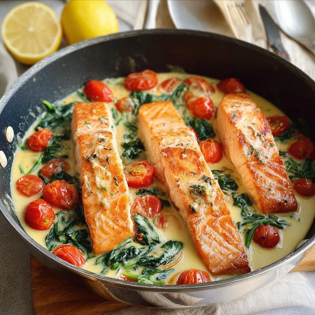 Saumon à la toscane garni d'herbes fraîches et tomates