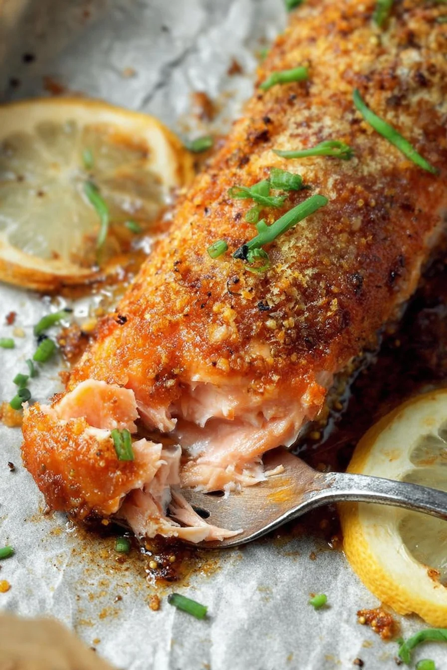 Saumon en croûte d'épices cuit au four, un plat savoureux et croustillant.