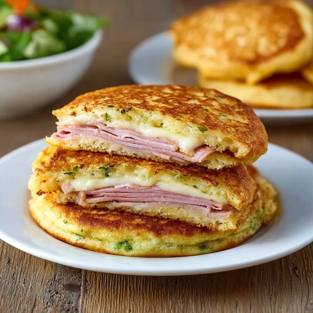 Pancakes savoureux aux courgettes, fromage de chèvre et jambon sur une assiette