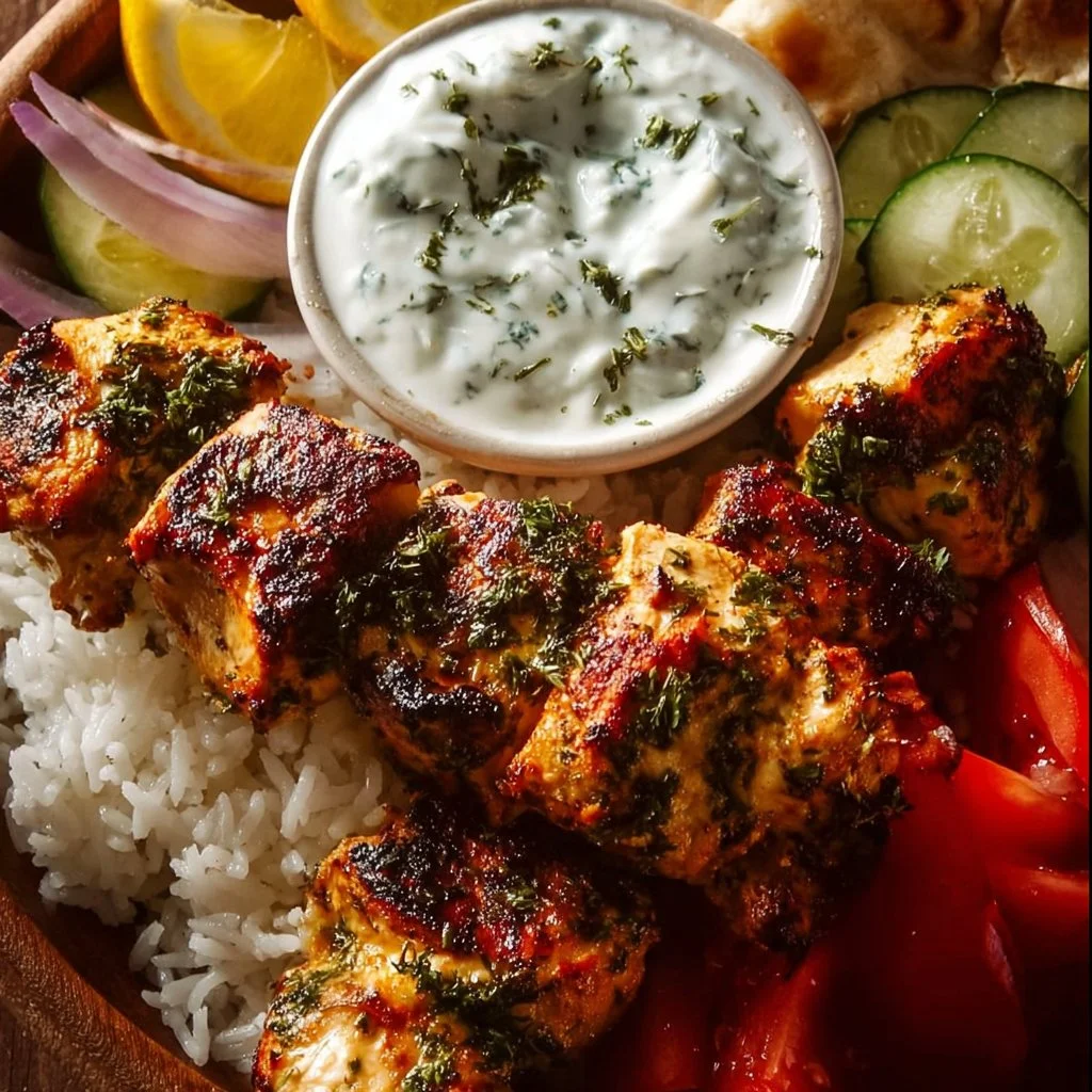 Souvlaki de Poulet Grec mariné et grillé, servi avec garnitures délicieuses.