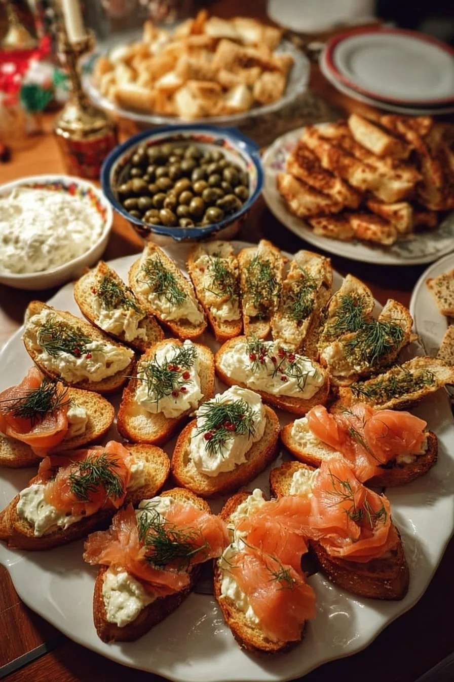 Table de snacks de Noël avec des plats de tapas savoureux à partager.