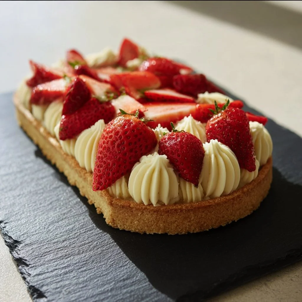Tarte à la fraise revisitée avec une garniture fraîche et savoureuse.