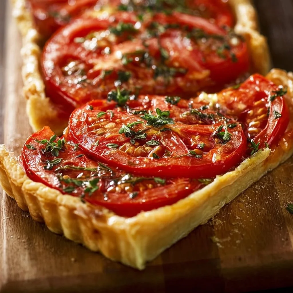 Tarte à la tomate fraîchement cuite, garnie de basilic et de fromage.