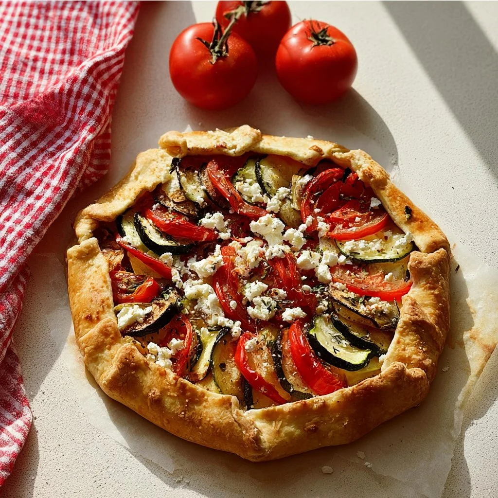 Tarte à la tomate, courgette et féta garnie de légumes frais et d'herbes