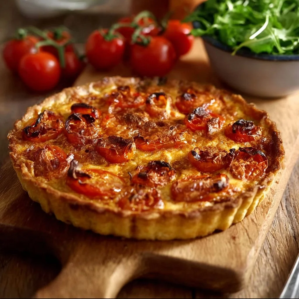 Tarte à la tomate et au thon garnie de saveurs colorées et appétissantes.