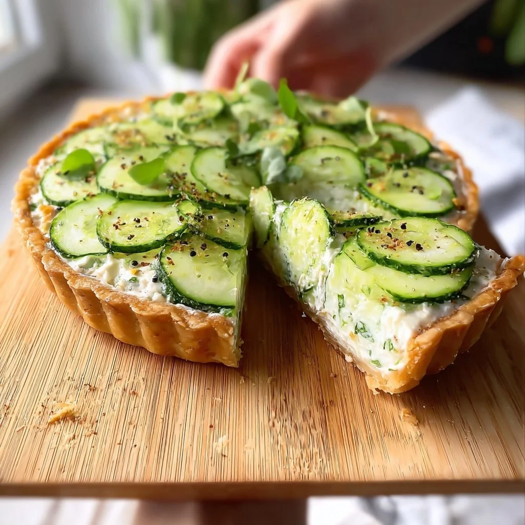 Tarte au fromage à la crème garnie de concombre frais