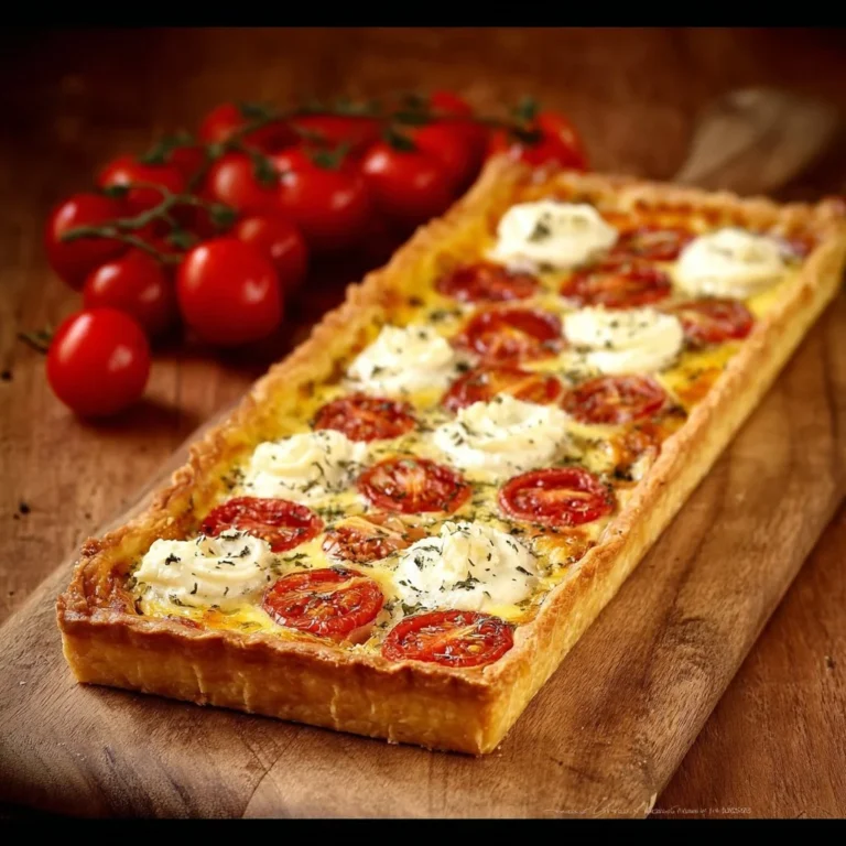 Tarte au fromage de chèvre garnie de tomates cerises fraîches sur une assiette.