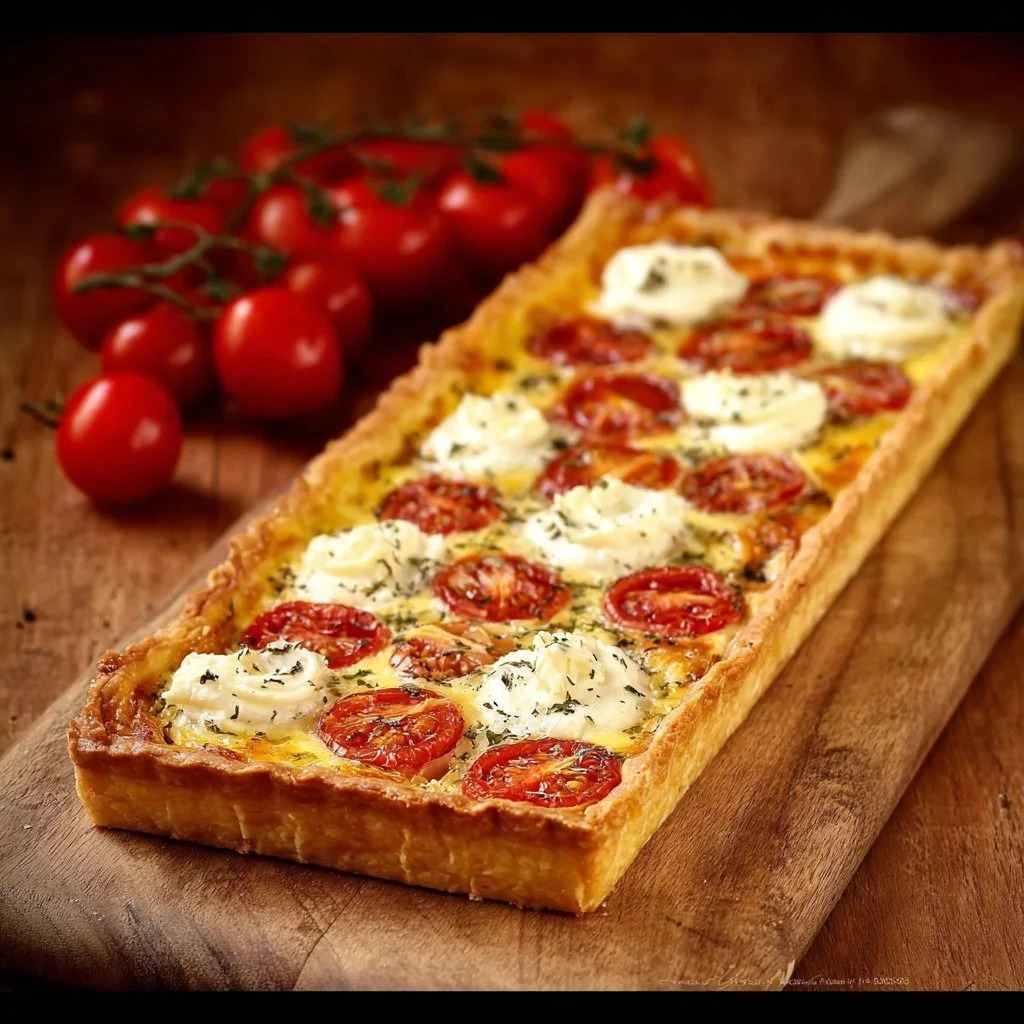 Tarte au fromage de chèvre garnie de tomates cerises fraîches sur une assiette.