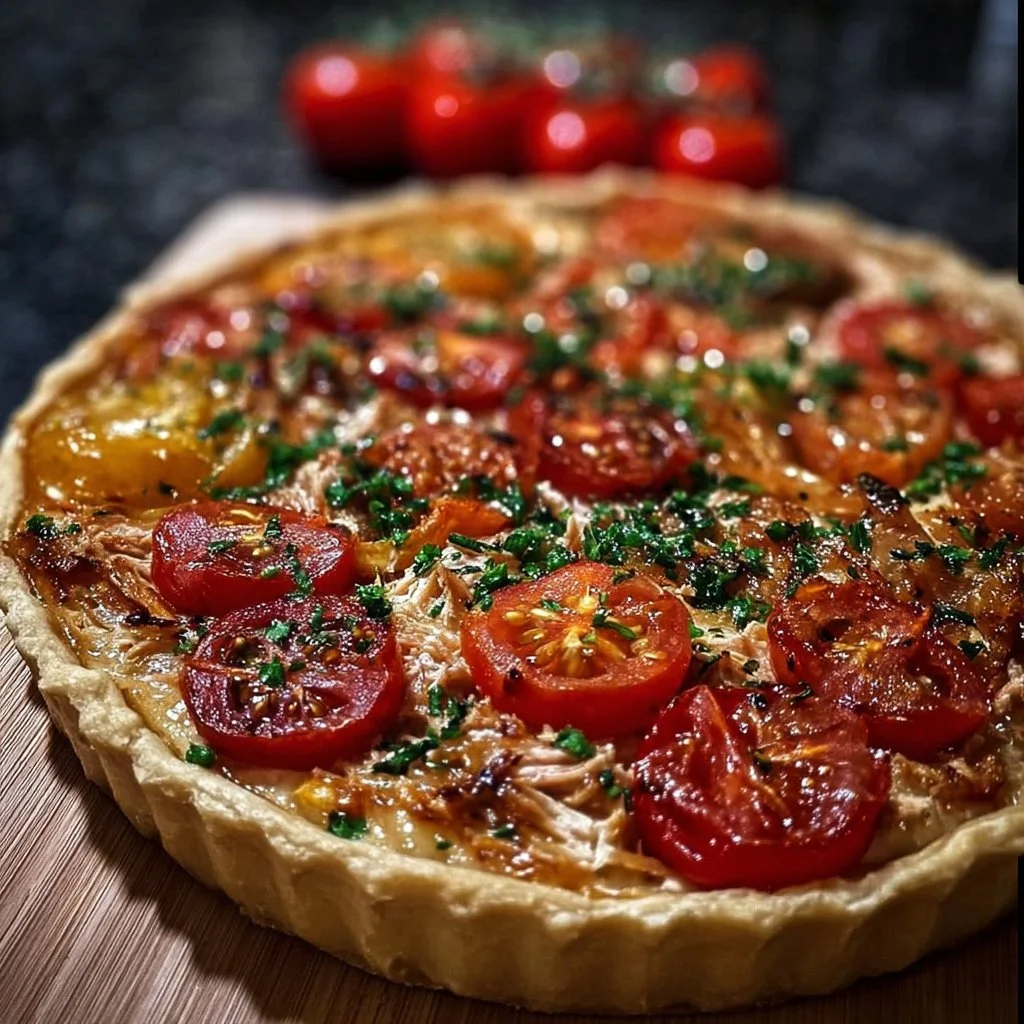 Recette de Tarte au Thon et Tomate, garnie de thon frais et tomates juteuses.