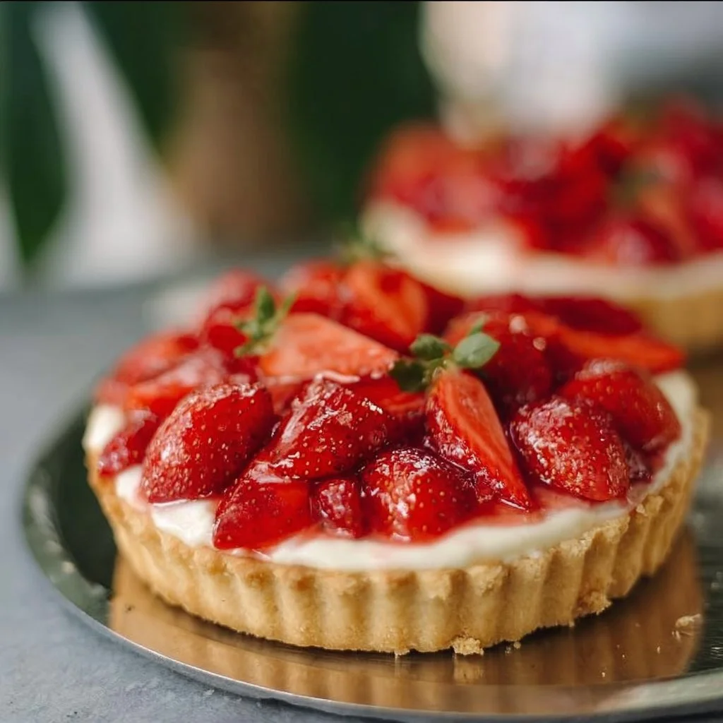 Tarte aux Fraises garnie de fraises fraîches et crème pâtissière