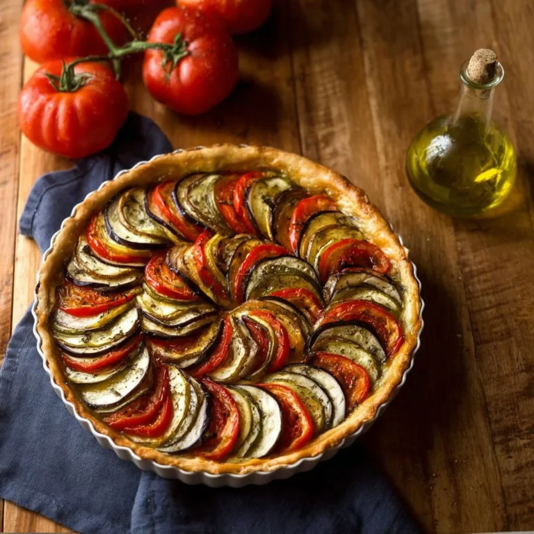 Tarte aux légumes d'été garnie de tomates, courgettes et poivrons colorés