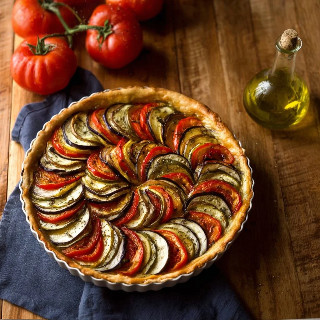 Tarte aux légumes d'été garnie de tomates, courgettes et poivrons colorés