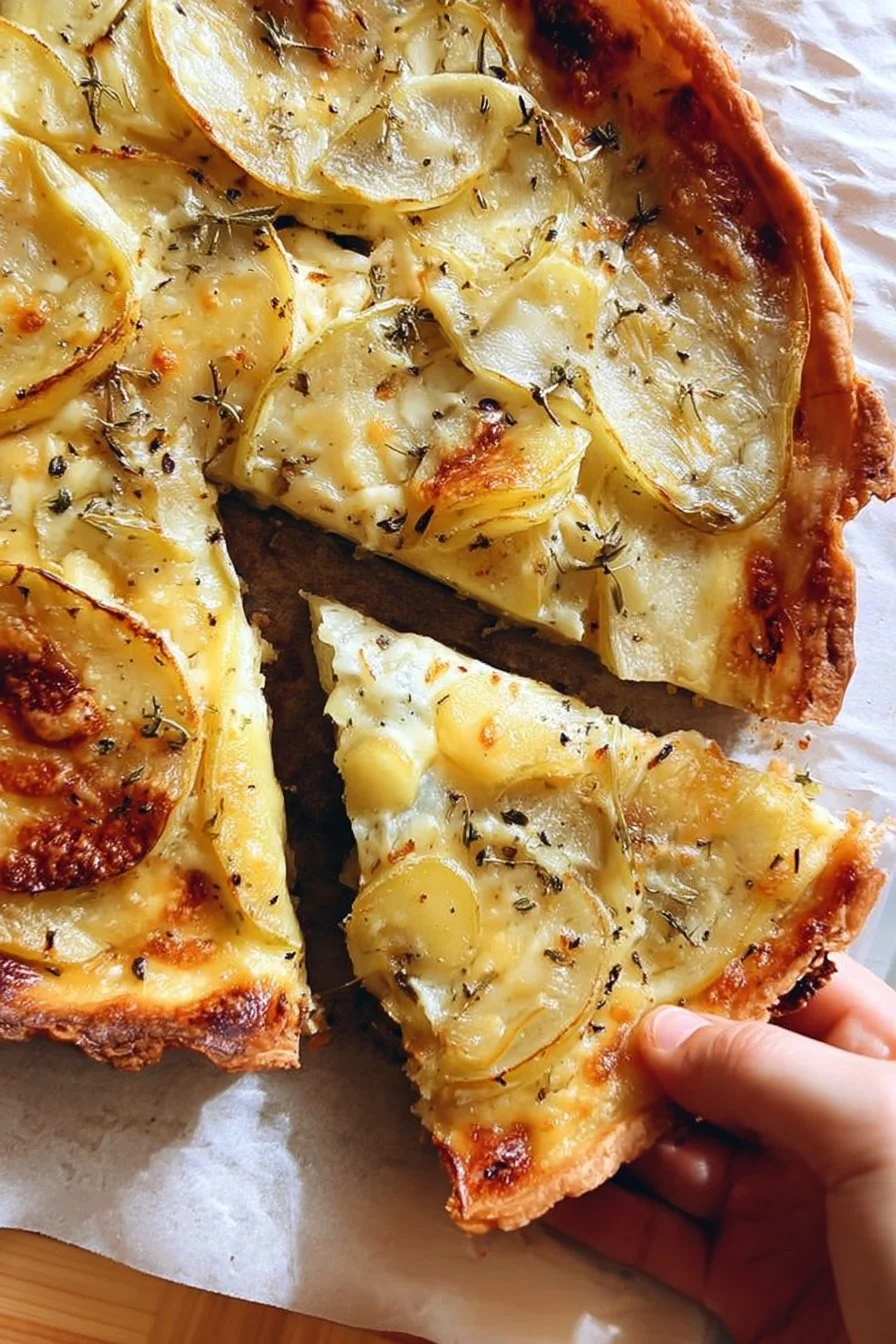 Tarte aux pommes de terre et morbier, un mélange savoureux de fruits et fromage.