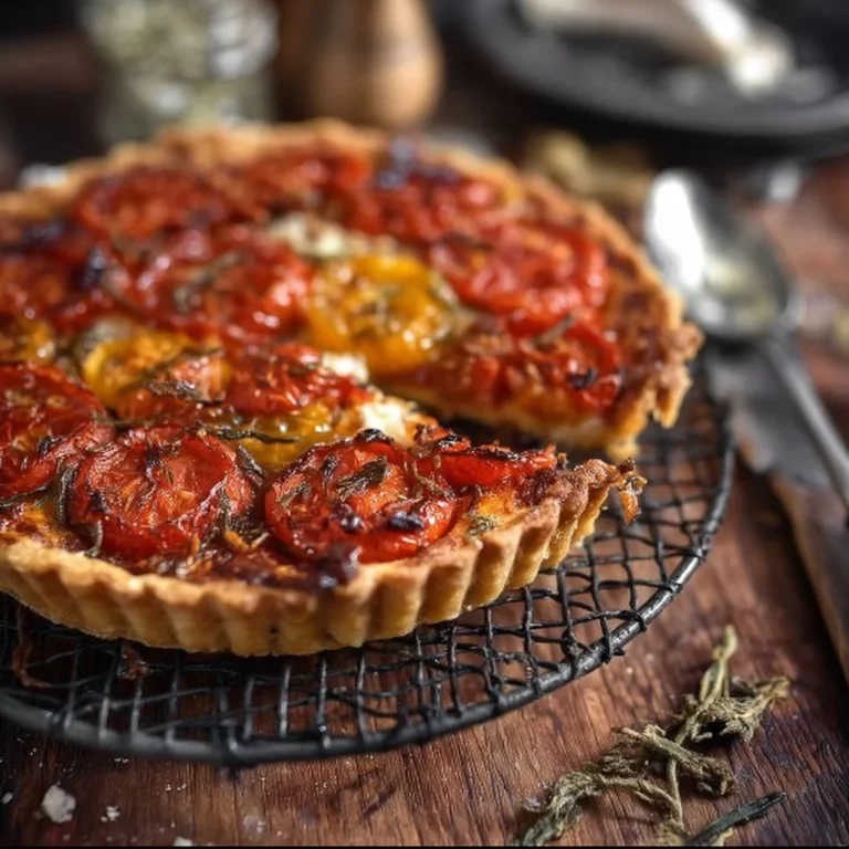 Tarte aux tomates fraîchement cuite garnie de tomates juteuses et d'herbes.