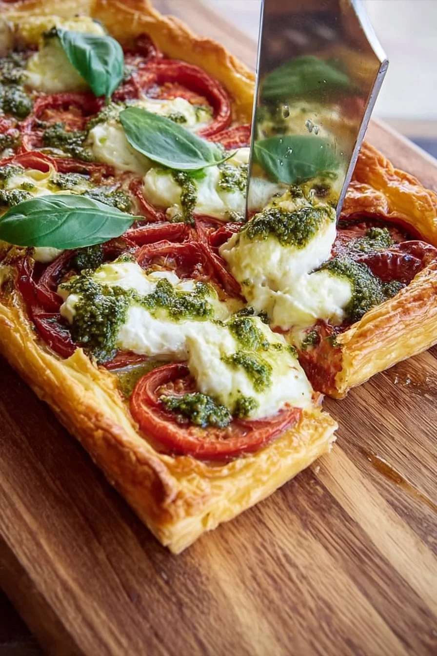 Tarte aux Tomates et Ricotta avec Pesto servie dans une assiette.