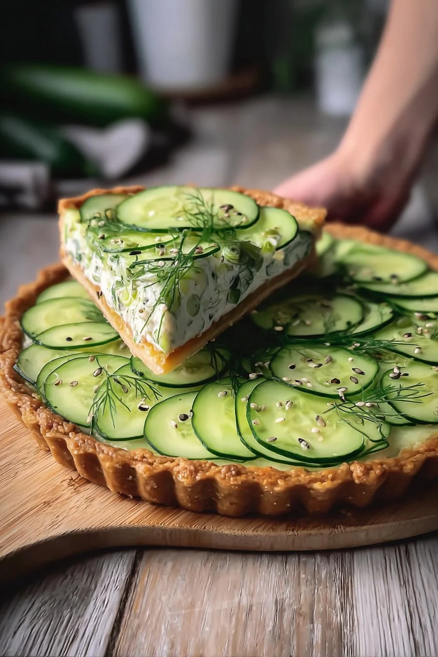 Tarte de concombre et fromage à la crème garnie d'herbes fraîches