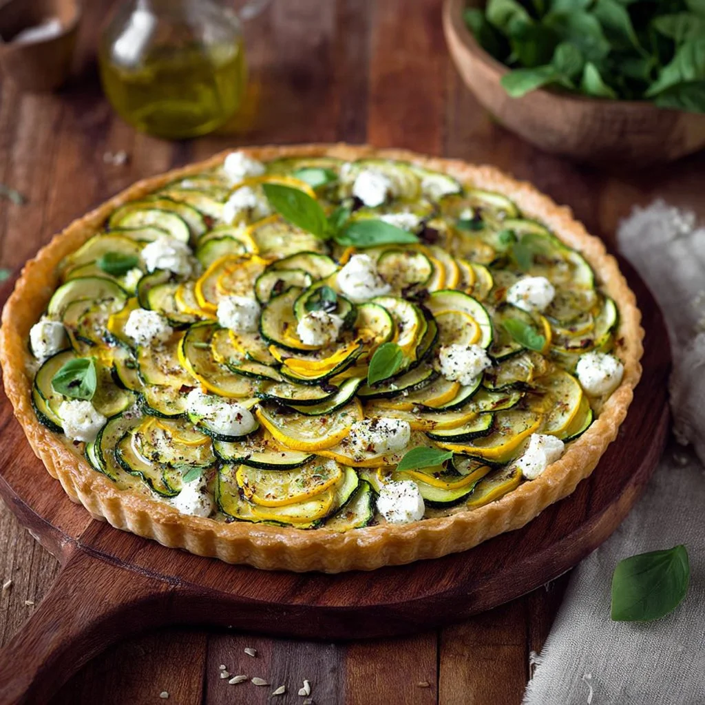 Tarte express à la courgette et feta en plat savoureux et appétissant