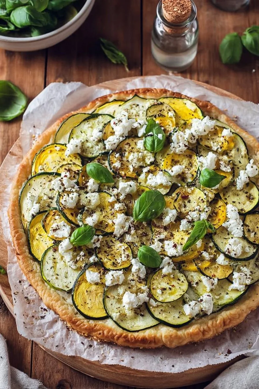 Tarte express à la courgette et feta sur une assiette garnie d'herbes fraîches