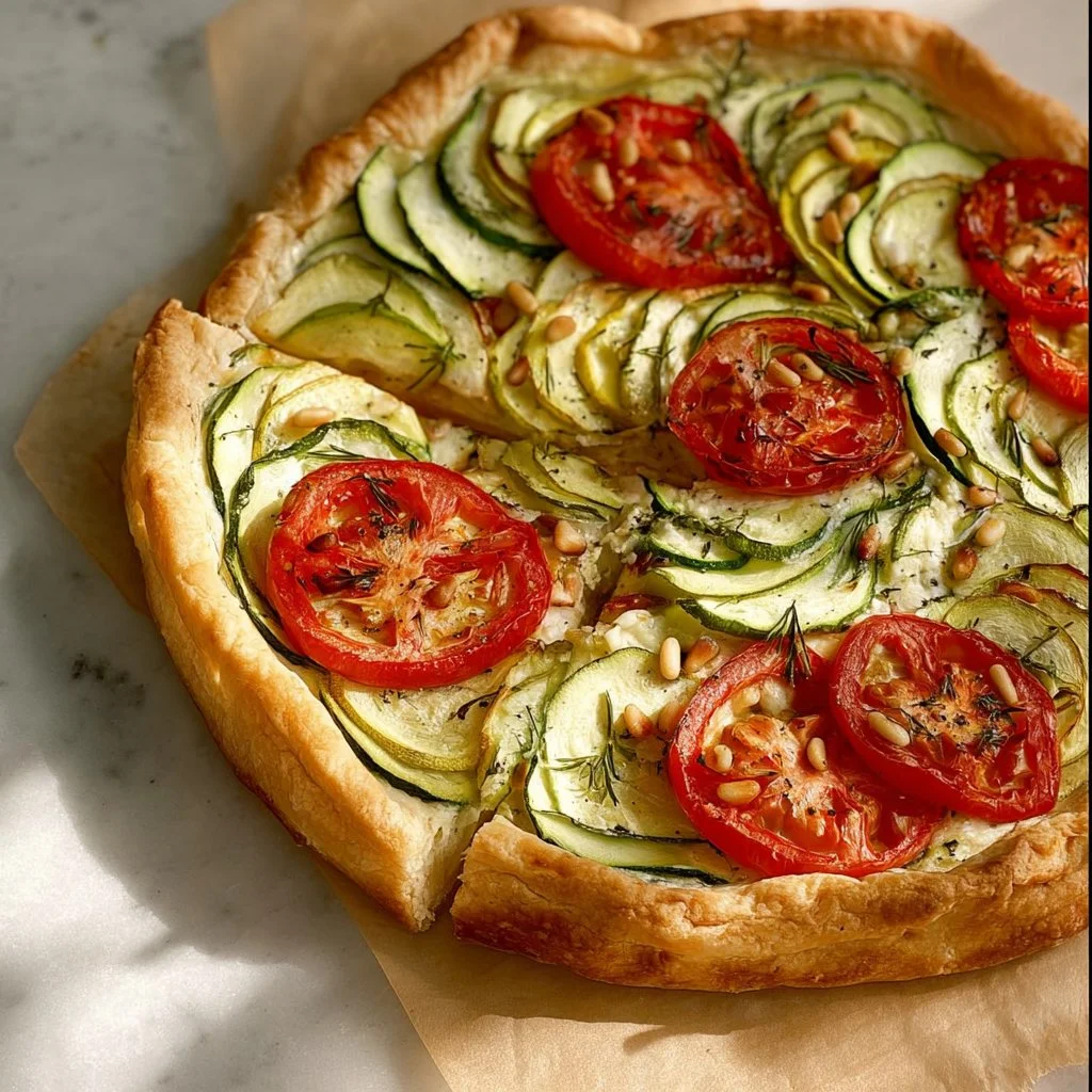 Tarte fine courgette, tomate et ricotta garnie d'herbes fraîches