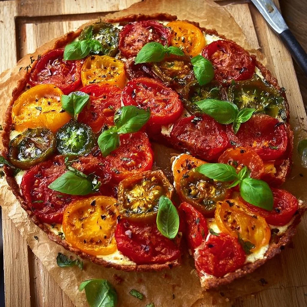 Tarte provençale à la tomate et au chèvre, plat coloré et savoureux.