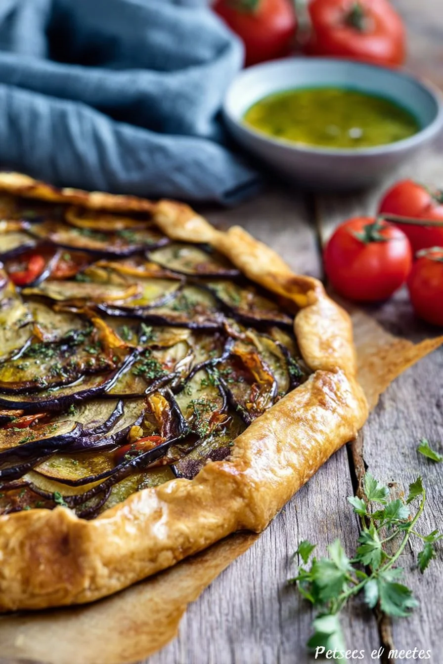 Tarte rustique à l'aubergine et tomate cerise, savoureuse et colorée.