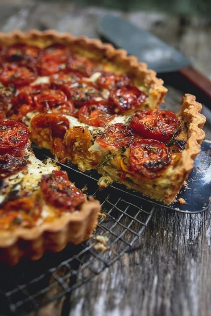 Tarte Tomate fraîchement cuite, garnie de tomates et d'herbes aromatiques.