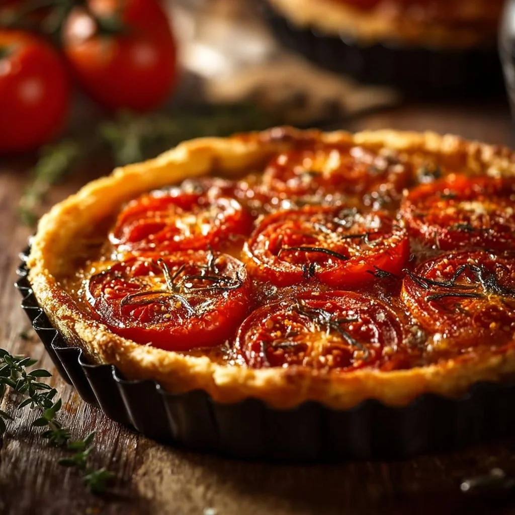 Tarte Tomate Moutarde garnie de tomates fraîches et de moutarde