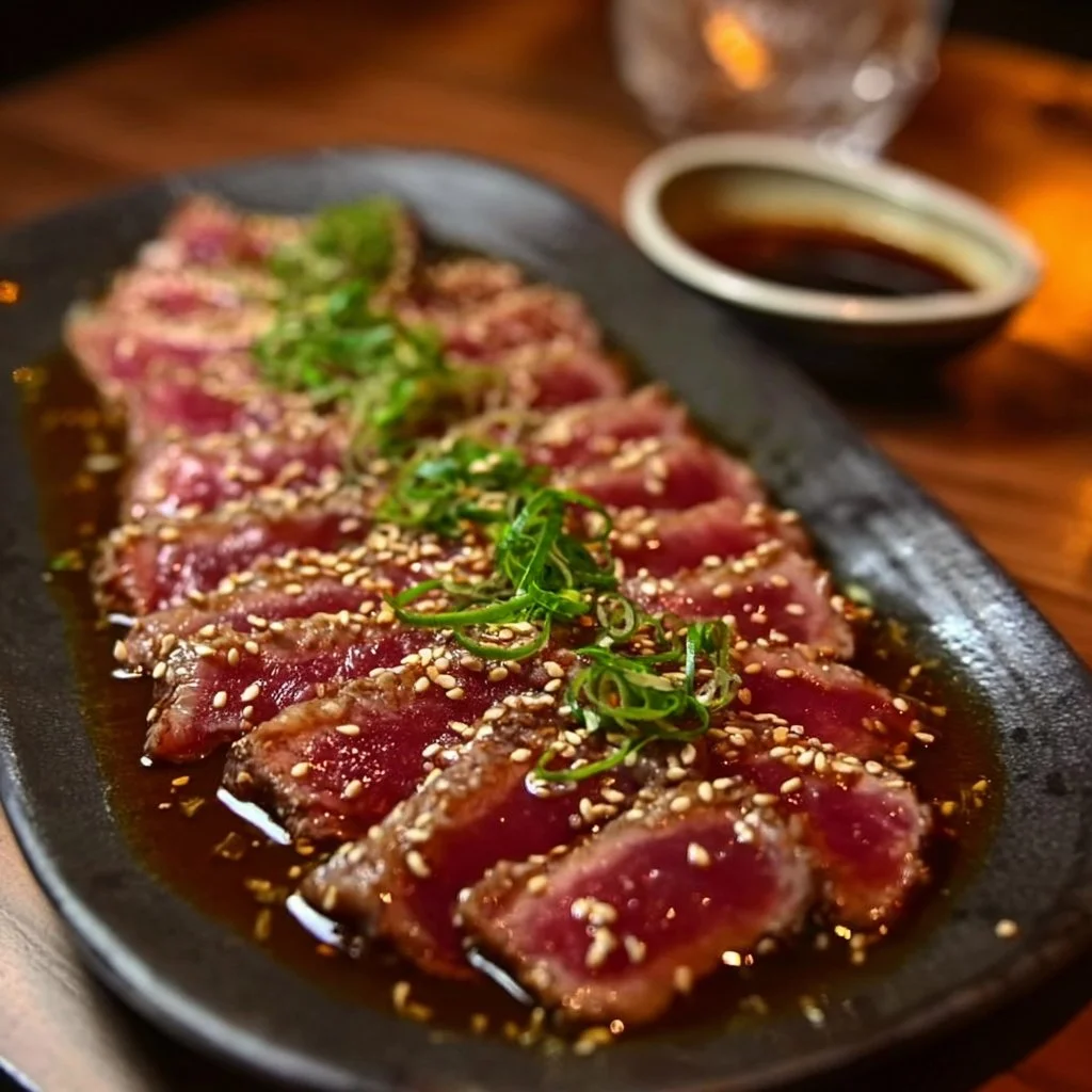 Tataki de bœuf mariné présenté sur une assiette élégante