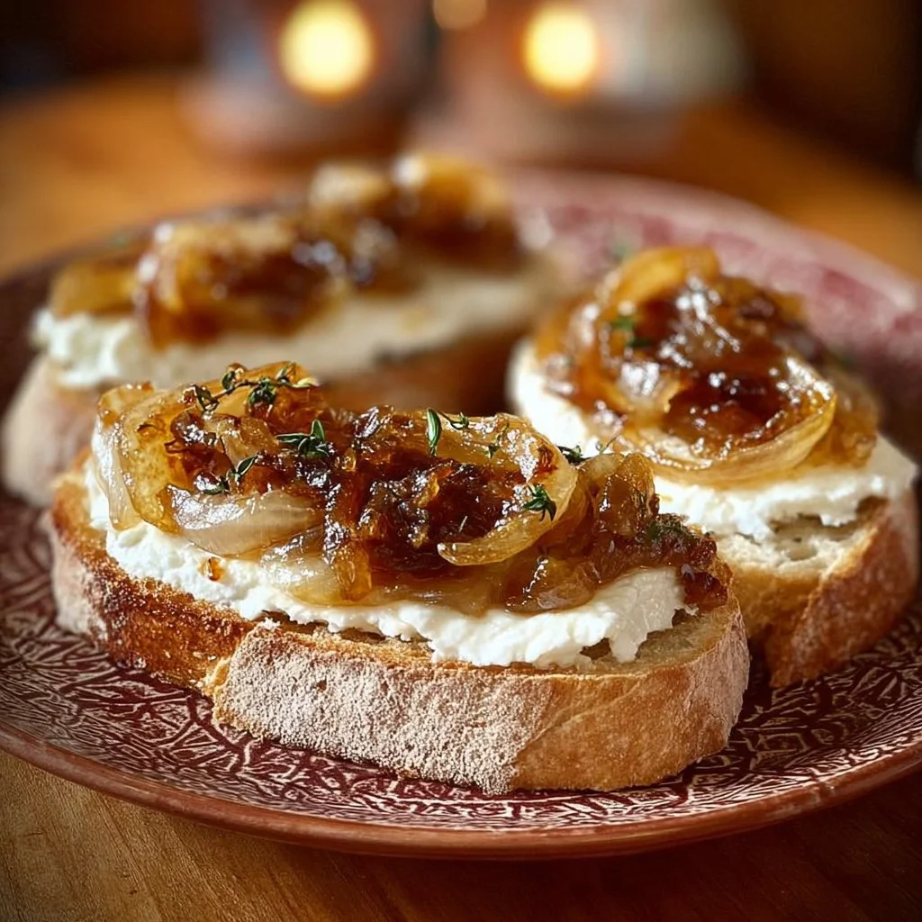 Toasts croustillants garnis de chèvre chaud et oignons caramélisés sur une assiette