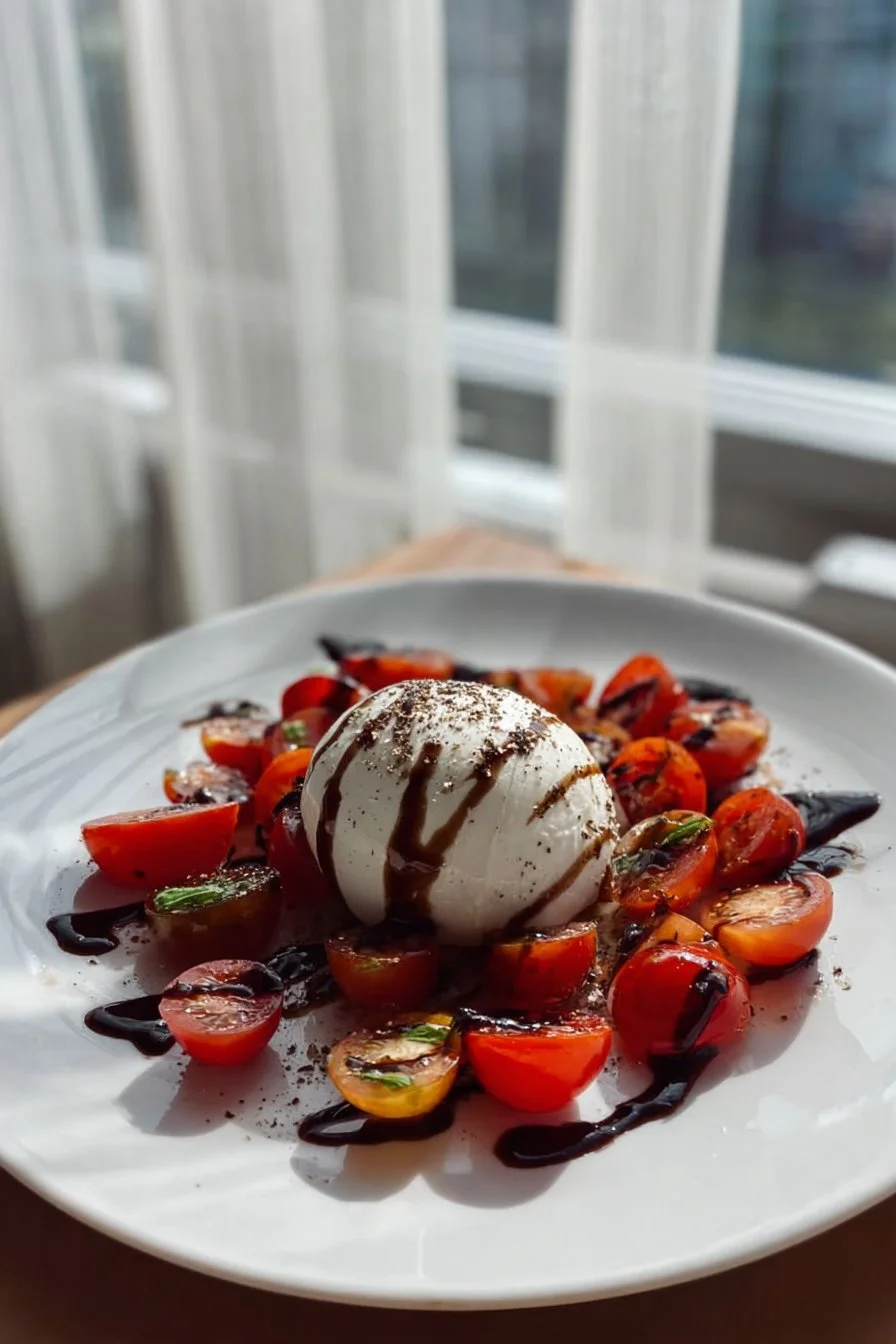 Plat de tomates burrata avec olives et basilic frais