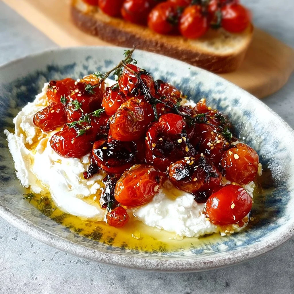 Tomates cerises rôties au miel sur feta fouettée, un plat savoureux et coloré.