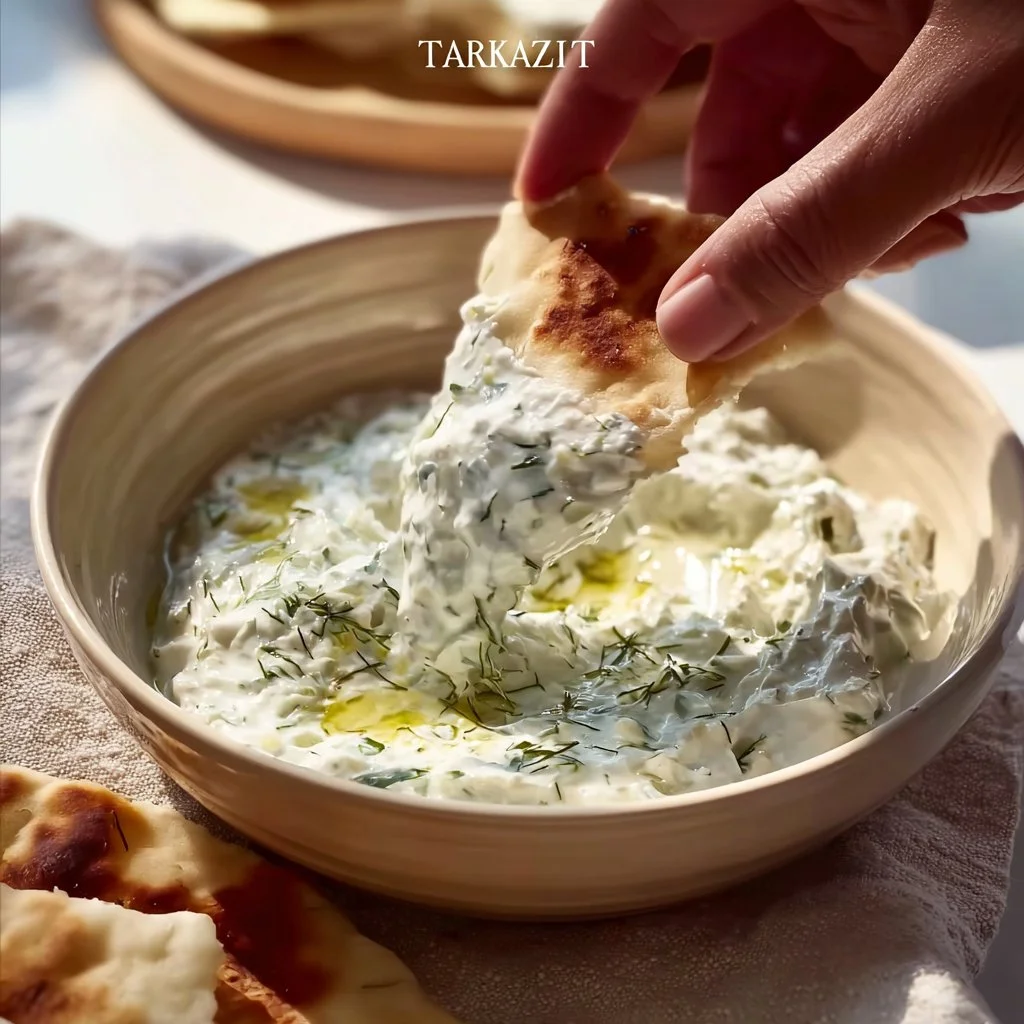 Tzatziki maison servi avec des légumes frais et du pain pita