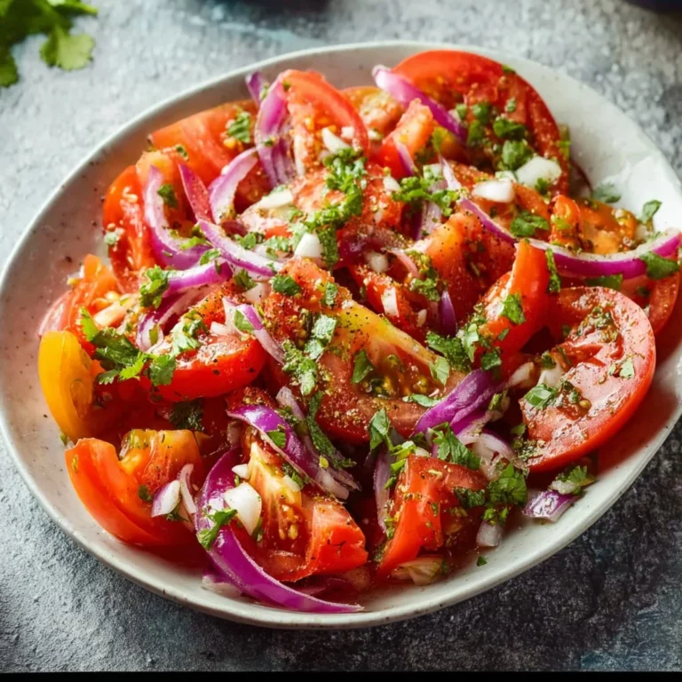 Salade de tomates juteuses et oignon rouge dans un plat coloré