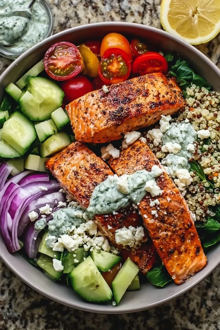 Bol de saumon méditerranéen savoureux avec légumes frais et épices.