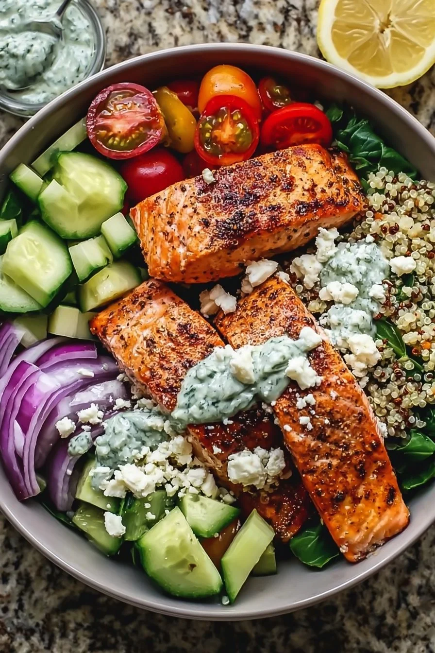 Bol de saumon méditerranéen savoureux avec légumes frais et épices.
