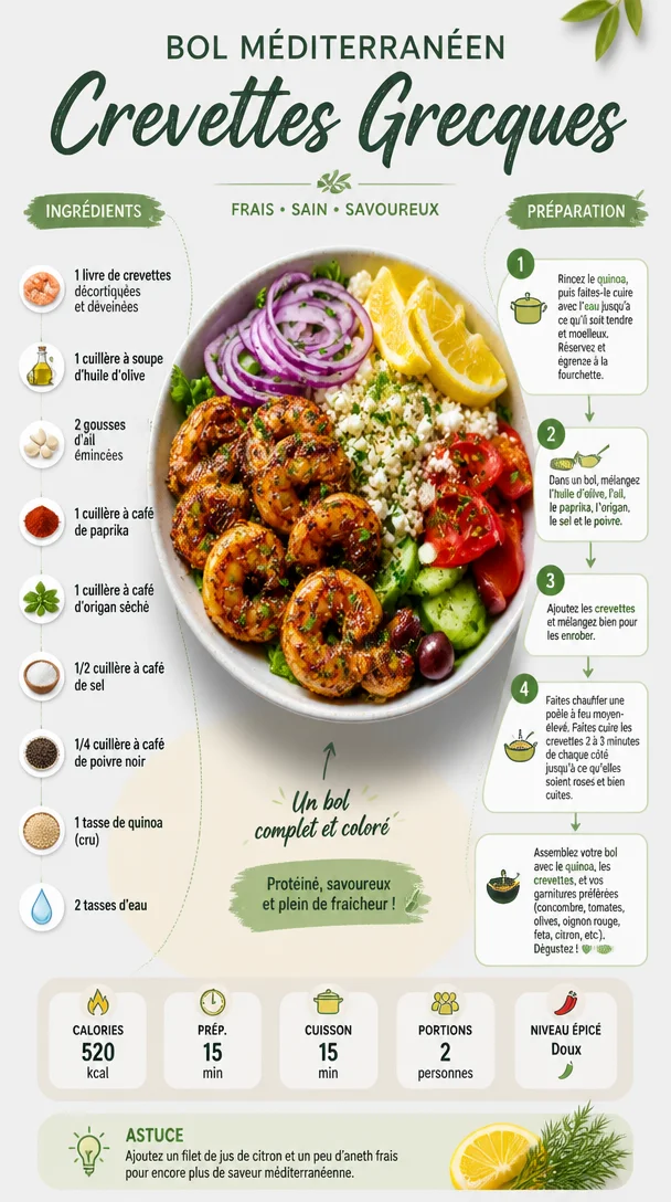 Bol méditerranéen garni de crevettes grecques fraîches et d'ingrédients colorés.