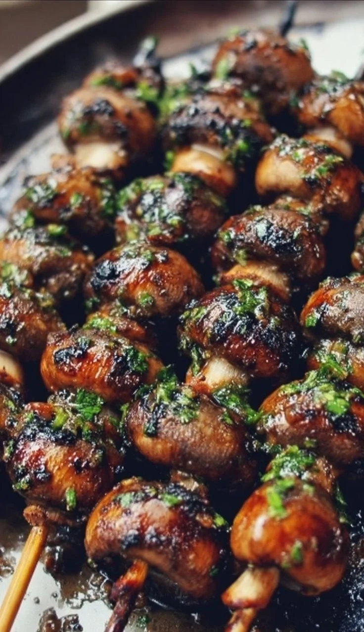 Brochettes de champignons marinés prêtes à être grillées